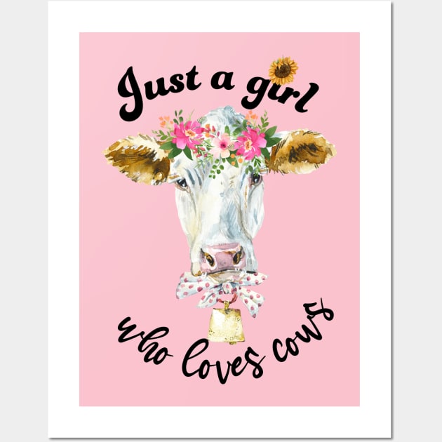 Just a girl who loves cows cute cow with hair wreath watercolor art Wall Art by AdrianaHolmesArt